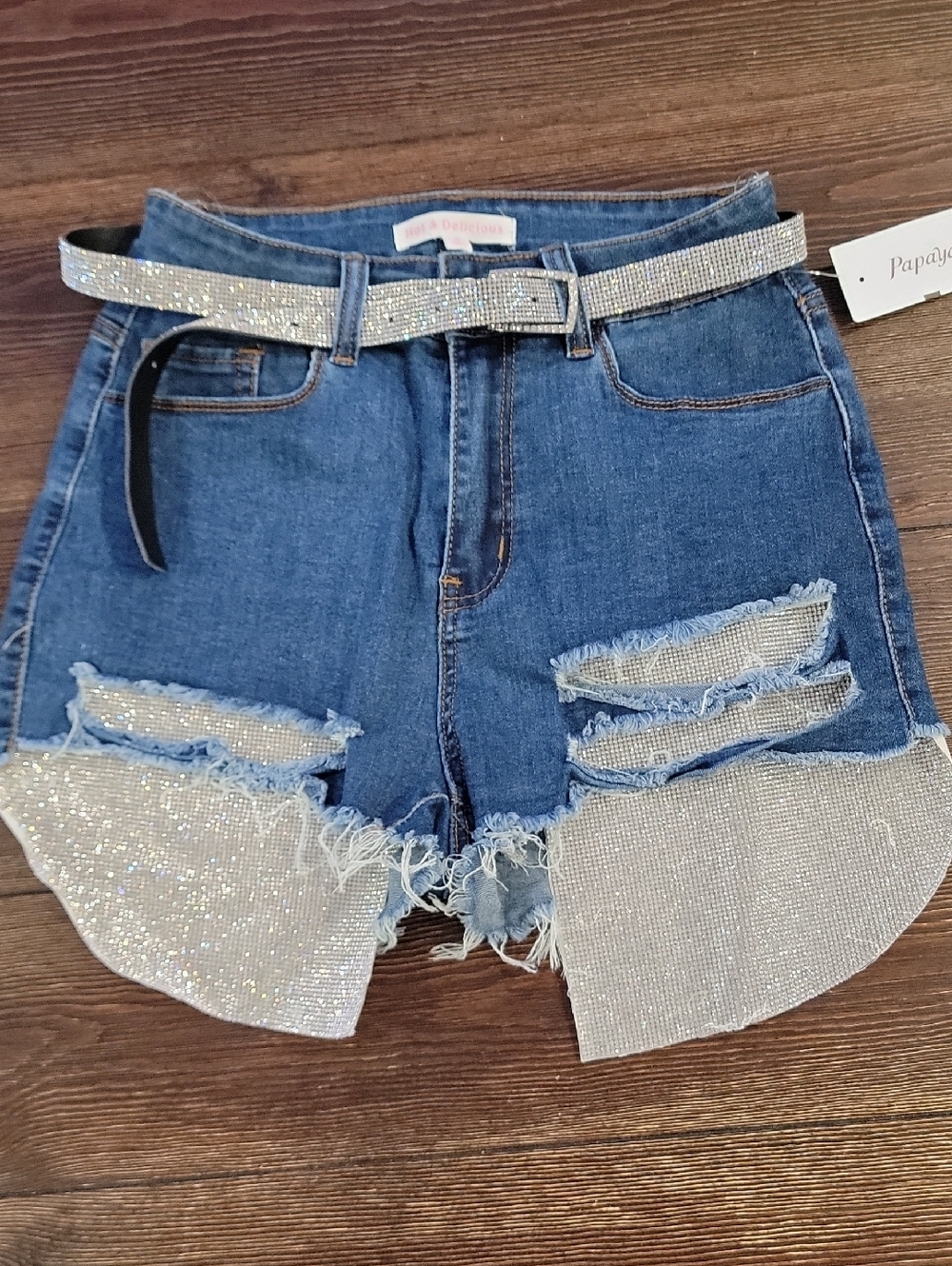 Papaya Blue Denim Rhinestone-Trim Distressed High-Rise Shorts